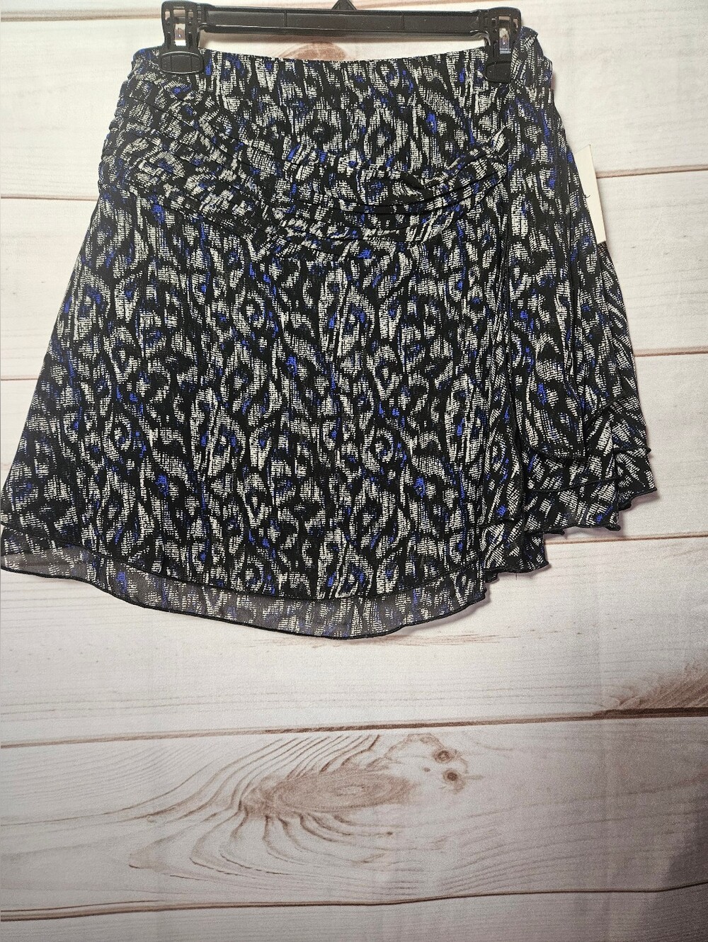 Japna Geometric Wrap Mini Skirt Black Blue Tie Front Size Large NWT